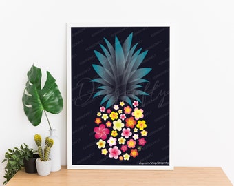 Plumeria Pineapple Print | Frangipani Flowers | Tropical Digital Art Illustration | Hawaiian Luau Home Decor | Summer Botanical Wall Design