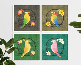 Enchanted Tiki Birds Set of 4 | Luster/Matte Finish | Plumeria Island Luau Parrots | Tropical Digital Art Illustration | Discount Bundle Set