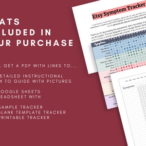 May include: A digital printable symptom tracker guide with a colorful sample tracker and a blank template tracker. The guide includes a PDF with links to a detailed instructional guide with pictures and a Google Sheets spreadsheet.