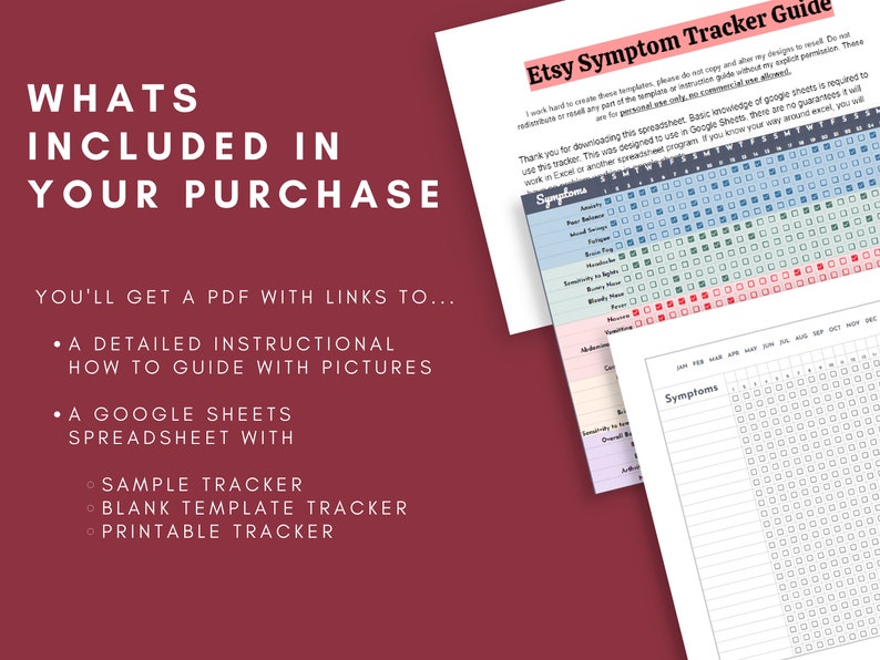 May include: A digital printable symptom tracker guide with a colorful sample tracker and a blank template tracker. The guide includes a PDF with links to a detailed instructional guide with pictures and a Google Sheets spreadsheet.