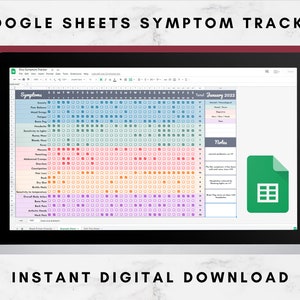 May include: A Google Sheets symptom tracker spreadsheet with a colourful calendar grid for tracking symptoms throughout the month. The spreadsheet includes a list of symptoms, such as anxiety, pain, fatigue, and headaches, and a notes section for additional information.