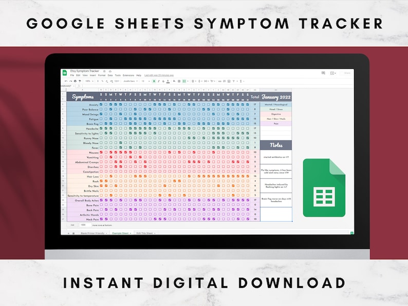 May include: A Google Sheets symptom tracker spreadsheet with a colorful calendar grid for tracking symptoms throughout the month. The spreadsheet includes a list of symptoms, such as anxiety, pain, fatigue, and headaches, and a notes section for additional information.