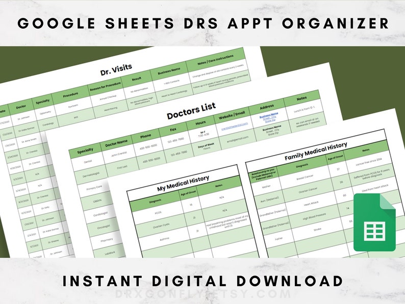 Doctor's Appointment Organizer Google Sheets Autoimmune Diseases Chronic Pain Illnesses Medical History Spreadsheet Digital Download image 1