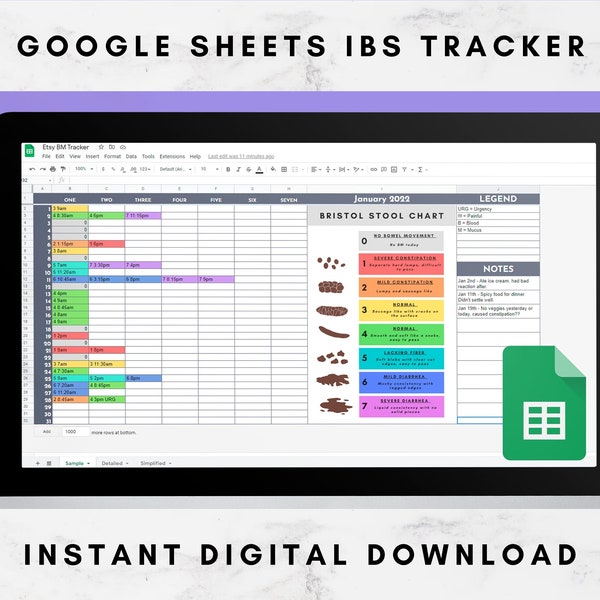 Monthly IBS Tracker Google Sheets | Customizable Bowel Movement log | Interactive Health & Wellness | Bristol Stool Chart | Digital Download