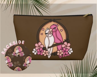 Pink & White Tiki Love Birds Accessory Pouch w T-bottom | Cosmetic Bag | Pencil Case | Tropical Hawaiian | Small Purse | Zipper Pouch