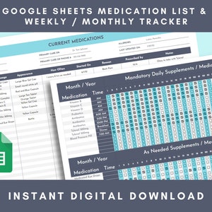 Maandelijkse medicatietracker en lijst met Google Spreadsheets | Medisch informatielogboek | Supplementen | Dagelijkse herinnering Neem je pillen in | Digitale download