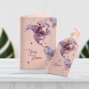 World Map Purple Marble Your name on Passport Holder PU Leather Cover For Cards Case Travel Accessories Woman Wallet With Luggage Tag SD0373 image 3