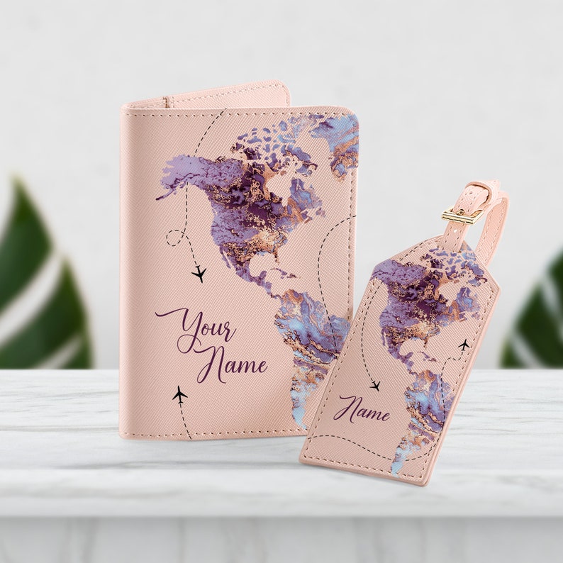 World Map Purple Marble Your name on Passport Holder PU Leather Cover For Cards Case Travel Accessories Woman Wallet With Luggage Tag SD0373 image 3