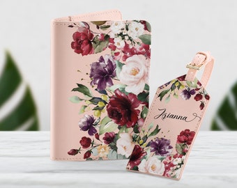 Roses Passport Holder Document Organizer Travel Set Wallet Custom Personalized Luggage Tag Floral Bag Tag Card Holder Set SD0379