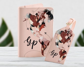 World Map Passport Holder Lover Passport Cover Initials Travel Set Bag Tag Luggage Tag Gift for Her Monogram Document Protector SD0374