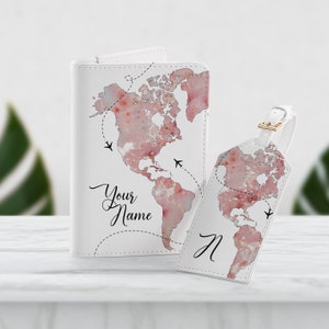 Mappa del mondo in marmo Il tuo nome sul portapassaporto Custodia in pelle PU per carte Custodia da viaggio Accessori da donna Portafoglio con etichetta per bagaglio SD0359
