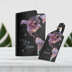 World Map Purple Marble Your name on Passport Holder PU Leather Cover For Cards Case Travel Accessories Woman Wallet With Luggage Tag SD0373 image 2