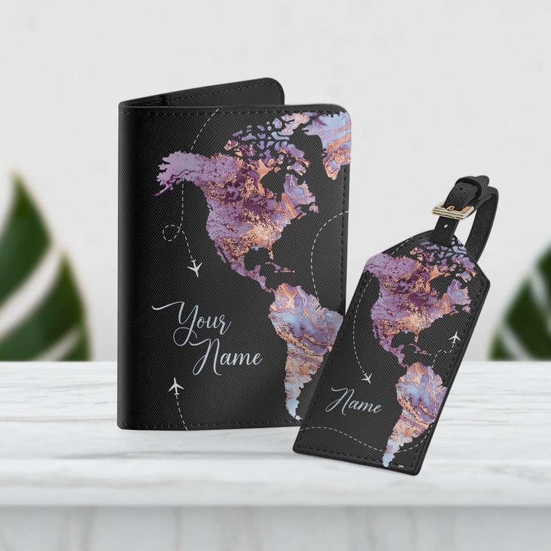 World Map Purple Marble Your name on Passport Holder PU Leather Cover For Cards Case Travel Accessories Woman Wallet With Luggage Tag SD0373 image 2