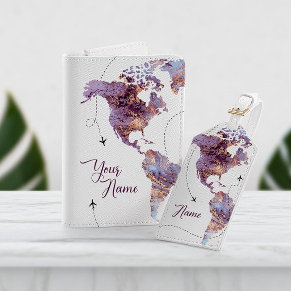 Carte du monde Marbre violet Votre nom sur le support de passeport PU Housse en cuir pour cartes Étui Accessoires de voyage Portefeuille femme avec étiquette de bagage SD0373
