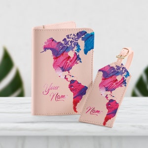 Mapa del mundo con mármol rosa, tu nombre en el pasaporte, funda de piel sintética para tarjetas, accesorios de viaje, cartera para mujer con etiqueta para equipaje SD0360
