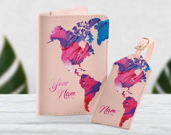 World Map Pink Marble Your name on Passport Holder PU Leather Cover For Cards Case Travel Accessories Woman Wallet With Luggage Tag SD0360