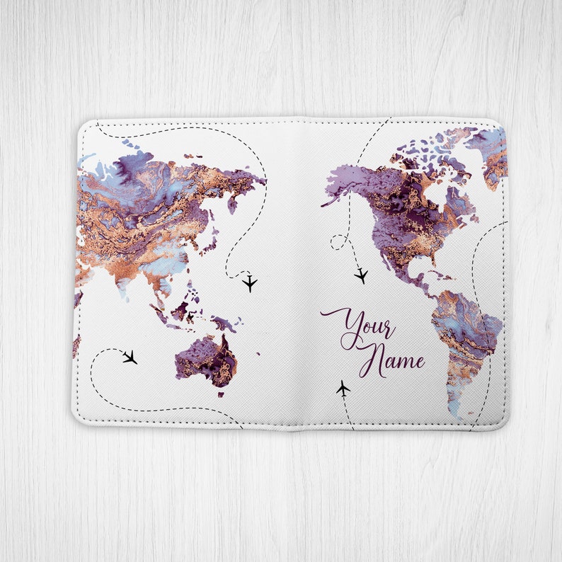 World Map Purple Marble Your name on Passport Holder PU Leather Cover For Cards Case Travel Accessories Woman Wallet With Luggage Tag SD0373 image 4