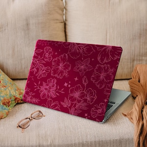 Élégante coque florale pour MacBook, coque bordeaux pour MacBook Air 13" 15" et MacBook Pro 14"16", coque rigide de protection esthétique. DL0036