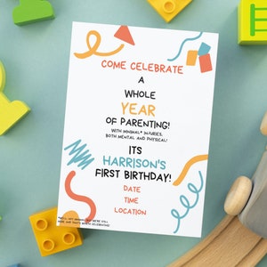 Convite engraçado de aniversário de primeiro ano para pais - versão digital para impressão Modelo editável do Canva