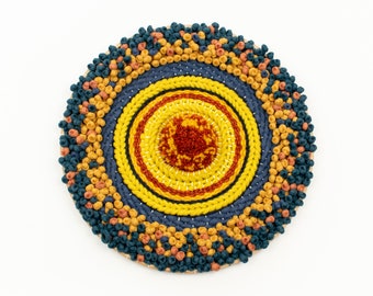 Textured Round Woven Wall Hanging SUNSET, Circular Woven Wall Decor, Yellow Blue Unique Fiber Art