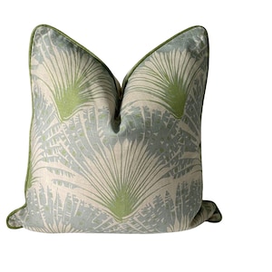 Christopher Farr Brisa Blue Aqua Feather Fan Print Fabric Pillow Cover, Lumbar Green and Aqua Pillow, Michael Szell, Blue Leopard Pillow