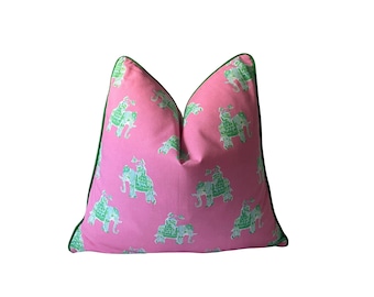 Lilly Pulitzer Pink & Green Elephant Pillow Cover | Bazaar Fabric Chinoiserie Style