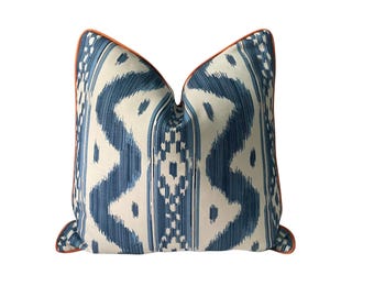 China Seas Bali Hai Blues Ikat Stripe Pillow Cover | Geometric Fabric Designer Pillow