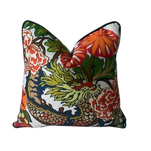 Schumacher Chiang Mai Dragon II Indoor/Outdoor Pillow Cover: Chinoiserie Multicolor Floral Designer Accent Pillow