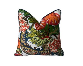 Schumacher Chiang Mai Dragon II Indoor/Outdoor Pillow Cover: Chinoiserie Multicolor Floral Designer Accent Pillow