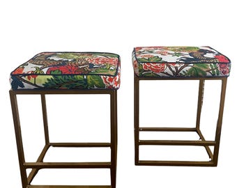 Schumacher Chiang Mai Dragon II Fabric Counter Height Stools: Set of 2  | Gold Metal Base