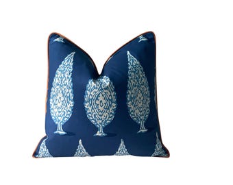 Block Print Blue and White Tree Pillow Cover: Dana Gibson Priya Fabric, Designer Pillow