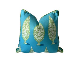 Block Print Aqua and Green Tree Pillow Cover: Dana Gibson Priya Fabric, Designer Pillow
