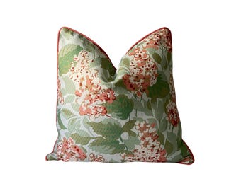 Green & Coral Floral Botanical Pillow Cover: Madcap Cottage, Hydrangea Fabric Pillow