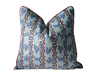China Seas Bijou Blue Ikat Stripe Pillow Cover | Navy & Coral Designer Pillow, Quadrille Fabrics