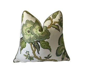 Schumacher Hothouse Flowers Pillow Cover: Green Floral Linen Accent Pillow