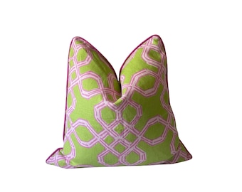 Lilly Pulitzer Linen Pillow Cover: Pink and Green Trellis/Fretwork Fabric 20"