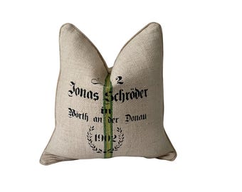 Vintage European Grain Sack Pillow Cover: Kelly Green Stripe | Stencil Design