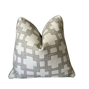 Pale Blue and Beige Geometric Fabric Pillow Cover, Thom Filicia City Square Fabric, Blue and Beige Trellis Pillow, Kravet Misty Morn Fabric
