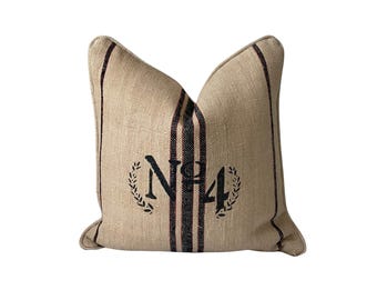 Vintage European Grain Sack Pillow Cover: Blue and Red Stripe | Stencil Design