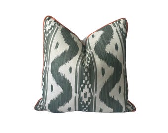 China Seas Bali Hai Leaf Green Ikat Stripe Pillow Cover | Green Stripe Fabric Pillow, Designer Pillow