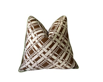 Brown & White Lattice Pillow Cover: Bamboo Fabric, Green Welting