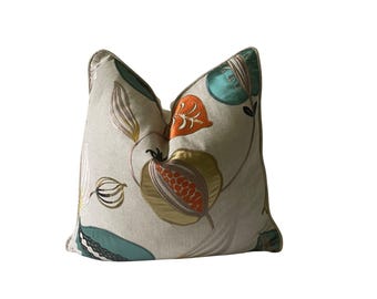 Floral Embroidered Pillow Cover: Linen Applique, Teal, Orange & Gold
