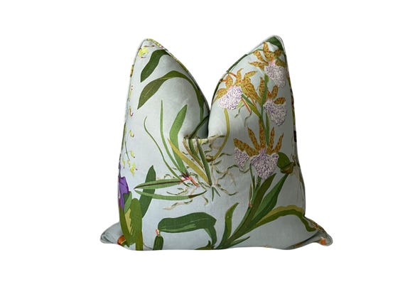 Raoul Textiles Calypso Pillow Cover: Robins Egg Blue Linen, Green Tropical Fabric
