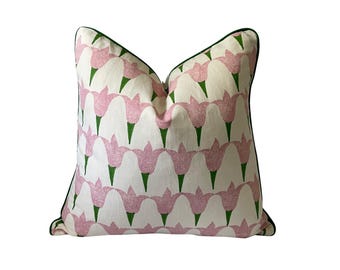 Schumacher Molly Mahon Tulip Block Print Pillow Cover | Rose & Grass Floral Cushion, Designer Pillow