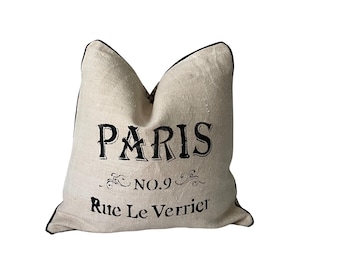 Vintage European Grain Sack Pillow Cover | Paris Stencil:Blue Ticking Fabric