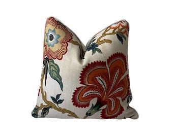 Schumacher Hothouse Flowers Spark Pillow Cover: Orange, Blue, Green Floral Linen Accent Pillow