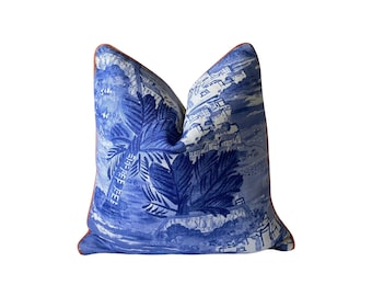 Ralph Lauren Tropical Toile Pillow Cover: Blue Linen with Orange Piping
