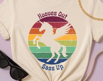 Hooves Out Sass Up Unicorn T-Shirt | Retro Rainbow Pegasus Tee | 80s Vintage Rainbow Shirt