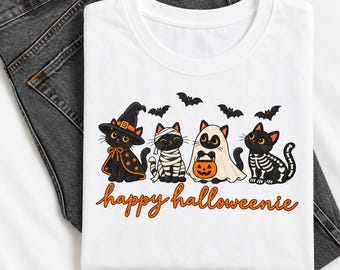 Happy Halloweenie Black Cat Shirt – Cute Witch, Ghost, Mummy & Skeleton Cats Halloween Tee