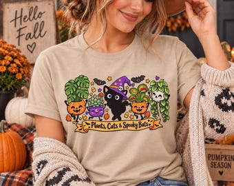 Plants, Cats & Spooky Bats Shirt, Halloween Black Cat Plant Lover Tee, Spooky Houseplant T-Shirt, Witchy Cat Mom Gift